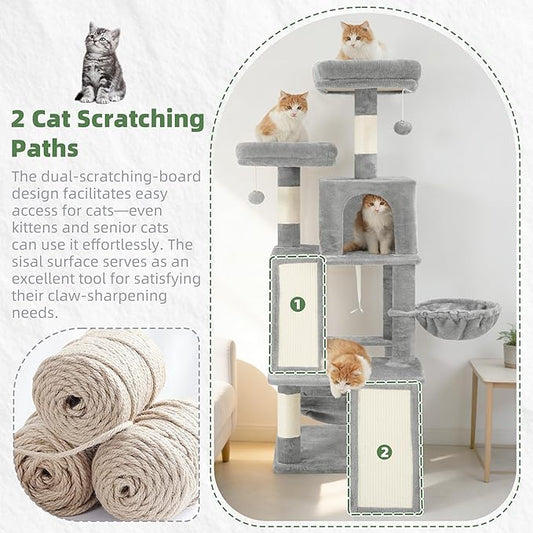 Multi-Level Cat Tree for Indoor Cats, Cat Tower with 2 Scratching Boards, 2 Plush Padding Platforms, Cat Condo House with Hammock, Basket, Light Gray GCT022W