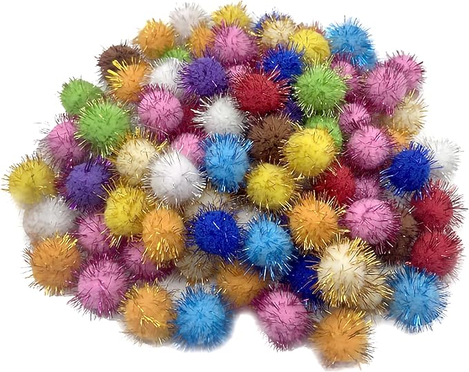 100 Pcs Assorted Color Sparkle Balls, 1.8 Inch Pom Pom Cat Toys Fuzzy Cat Balls, for Kittens Exercise and Entertainment, Color Random