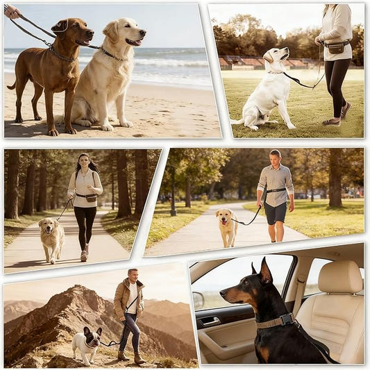 Heavy Duty No-Pull Dog Leash, 9.5ft Hands-Free Waist & Crossbody Bungee Leash with Adjustable Belt, Detachable Car Seat Belt & Reflective Strip for Large Medium Dogs, Black