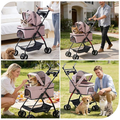 4 Wheels Pink Foldable Pet Stroller with Storage Basket, Cup Holder & Breathable Mesh for Small/Medium Dogs and Cats