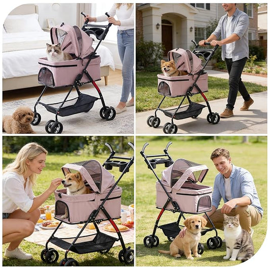4 Wheels Pink Foldable Pet Stroller with Storage Basket, Cup Holder & Breathable Mesh for Small/Medium Dogs and Cats