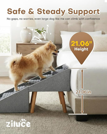 Dog Ramp for Bed & Couch, Dog Stairs 21.06 inches High for Large/Medium/Small Doggie, Foldable 2 in 1 Wooden Pet Steps for Puppy Older and Injured Dogs, Split Ottoman Design, No-Slip Surface