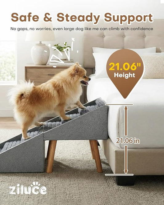 Dog Ramp for Bed & Couch, Dog Stairs 21.06 inches High for Large/Medium/Small Doggie, Foldable 2 in 1 Wooden Pet Steps for Puppy Older and Injured Dogs, Split Ottoman Design, No-Slip Surface