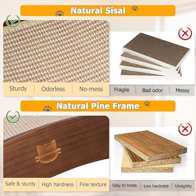 Extra-Larger Sisal Cat Scratcher Bed with Ball, 3-in-1 Cat Scratching Pad with Hammock, Natural Sisal with Solid Wood Frame Cat Scratch Post for Indoor Cats Lounger & Sleep & Scratch (Walnut)