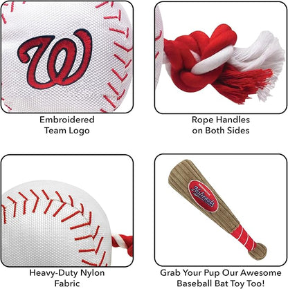 MLB WASHINGTON NATIONALS Baseball Rope Toy for DOGS & CATS. Tough nylon, Sporty Baseball Design, Heavy-duty ropes with Inner SQUEAKER