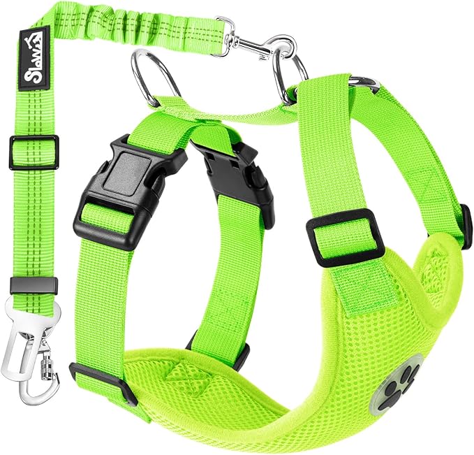 Lukovee Dog Seat Belt for Car, Adjustable Dog Car Harness for Large Medium Small Dogs, Soft Padded & Breathable Mesh Dog Seatbelt with Car Strap and Carabiner (Lime Green,M)