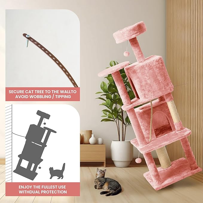 58in Large Cat Tree Tower for Indoor Cats with Soft Plush Hang Ball, Two Condos, Sisal Scratch Posts & Rope Play for Kittens/Adult Cats, Pink