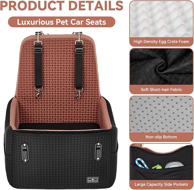 PETSFIT Dog Car Seat for Small/Medium Dogs Up to 35 lbs – Patented Safety System, 6" Memory Foam Pet Booster Car Seat, Fully Detachable and Washable Dog Carseat with 2 Storage Pockets (Black/Brown)