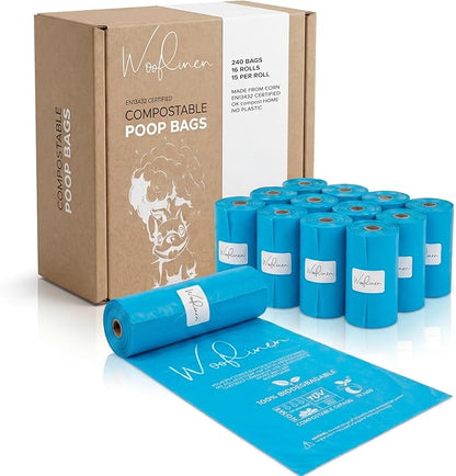 Wooflinen Unscented Compostable Dog Poop Bags – Leak-Proof Dog Poop Bags Rolls – Large 9x13”, Durable, Easy Tear – Made from Plant-Based Materials – For Big & Small Dogs – 240 Bags (16 Rolls)