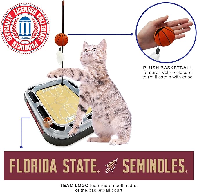 NCAA FLORIDA STATE Seminoles Basketball Court Cat Scratcher - REVERSIBLE Felt/Cardboard Toy, Cat Ball with Bell, Catnip-Filled Plush Basketball