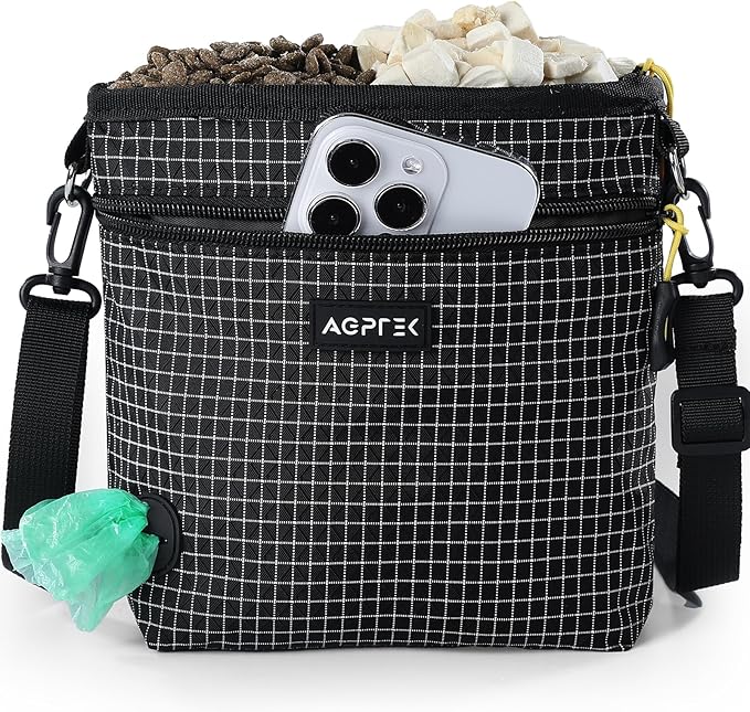 AGPTEK Dog Treat Pouch, Magnetic Dog Walking Pouch with Removable & Split Snack Bag, Water-Resistant Waist Pack with Poop Bag Dispenser & Hands-Free D-Ring for Training, Walking, Hiking, Run, Black