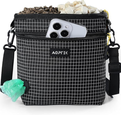 AGPTEK Dog Treat Pouch, Magnetic Dog Walking Pouch with Removable & Split Snack Bag, Water-Resistant Waist Pack with Poop Bag Dispenser & Hands-Free D-Ring for Training, Walking, Hiking, Run, Black