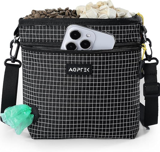 AGPTEK Dog Treat Pouch, Magnetic Dog Walking Pouch with Removable & Split Snack Bag, Water-Resistant Waist Pack with Poop Bag Dispenser & Hands-Free D-Ring for Training, Walking, Hiking, Run, Black