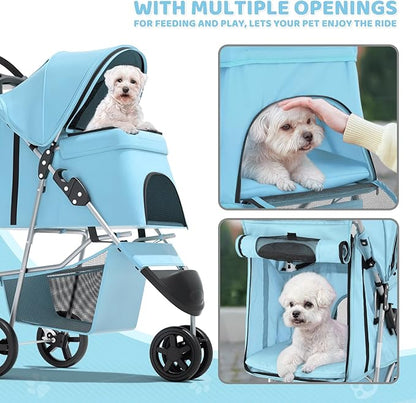 Magshion 3-Wheel Pet Stroller, Foldable Travel Jogger for Small & Medium Dogs & Cats (Up to 33lbs), Lightweight Carrier with Breathable Mesh Cover, Cup Holder & Storage Basket, Mint Green