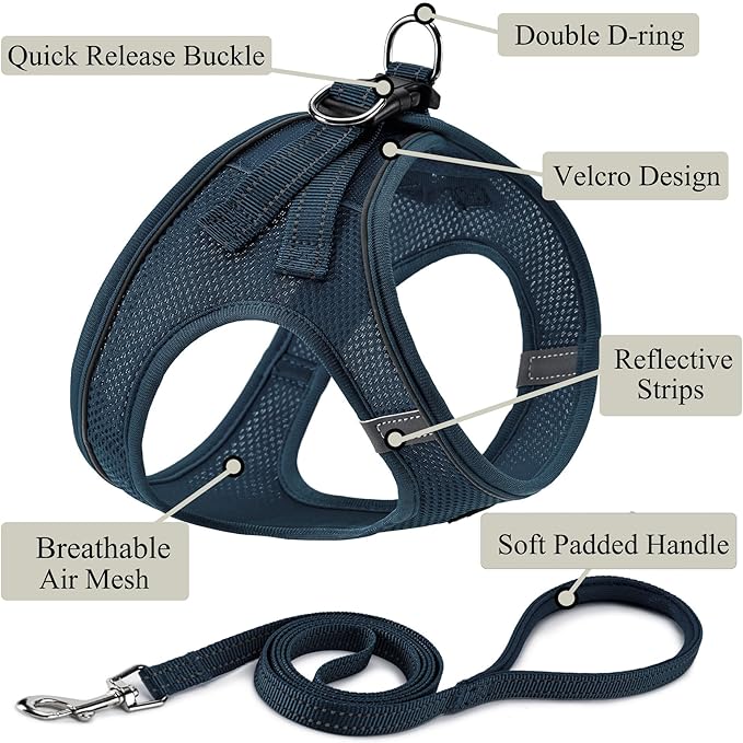 Dog Harness with Leash Set, No Pull Adjustable Reflective Step-in Puppy Pet Vest Harnesses for Small Medium Large Dogs and Cats,Navy Blue XL