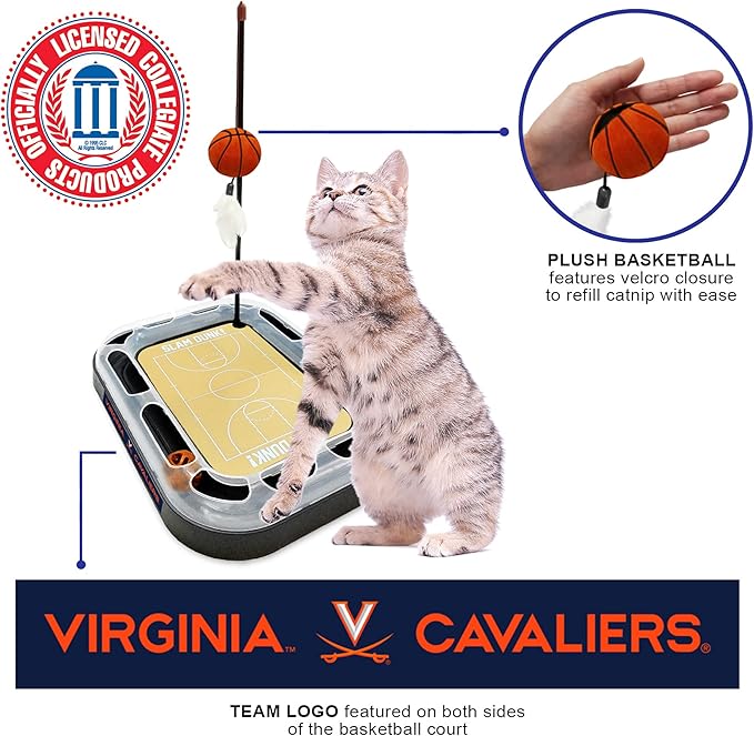 NCAA VIRIGNIA Cavaliers Basketball Court Felt Scratcher Toy & Interactive Cat Ball Bell - 6-in-1 Cat Wand, Plush Basketball, Catnip-Filled