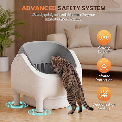 Self Cleaning Cat Litter Box, Greesum Automatic Open-Top Smart Litter Box with App Control, 15L Odor-Sealed Waste Bin, Quiet 35dB, Safety Sensors for Large Cats & Multi-Cat Homes