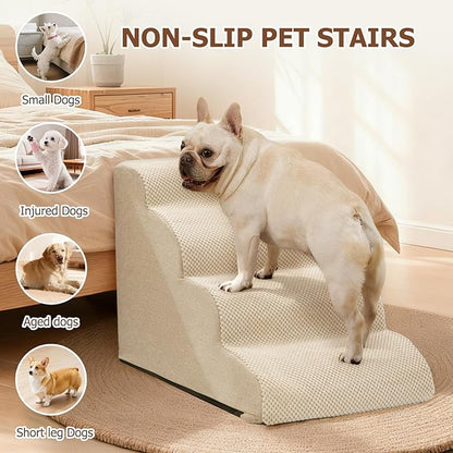 Dog Steps for Bed and Couch,4-Step Dog Stairs and Ramp for Small Dogs & Cats,Indoor Anti-Slip Pet Stairs for Old Cats and Puppy,Beige