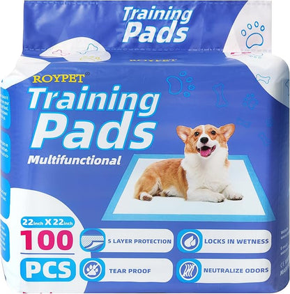 Roypet 22" x 22" Puppy Training Pads in Bag, 5-Layer Leak-Proof Design and Quick-Dry, Surface for Potty Training, Ultra Absorbent and Odor Eliminating, 100 Count, Blue & White