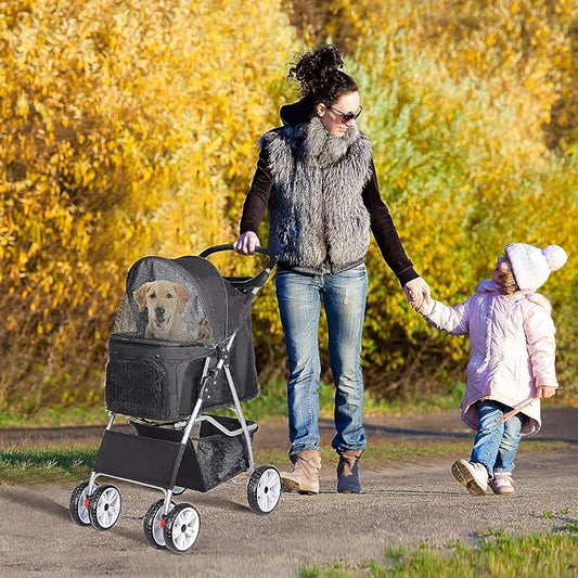 ZENY Foldable Pet Stroller, Cat/Dog Stroller with 4 Wheel, Pet Travel Carrier Strolling Cart with Storage Basket, Cup Holder (Black)