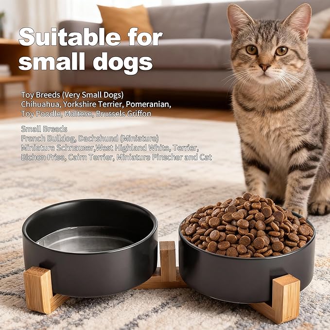 Kimdio Ceramic Dog Bowls with Wood Stand, 13.5OZ Pet Bowls Set of 2 for Medium Small Dogs and Cats - Non-Slip Base Cute Pet Food & Water Basic Bowls Glaze Matte-Black