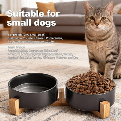 Kimdio Ceramic Dog Bowls with Wood Stand, 13.5OZ Pet Bowls Set of 2 for Medium Small Dogs and Cats - Non-Slip Base Cute Pet Food & Water Basic Bowls Glaze Matte-Black