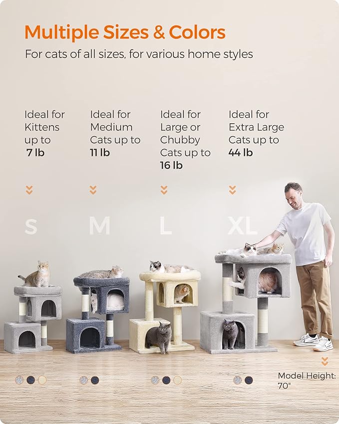 Feandrea Cat Tree, 26.4-Inch Cat Tower, Plush Condo for Kittens up to 7 lb, Large Perch, 2 Caves, Scratching Post, Beige UPCT611M01