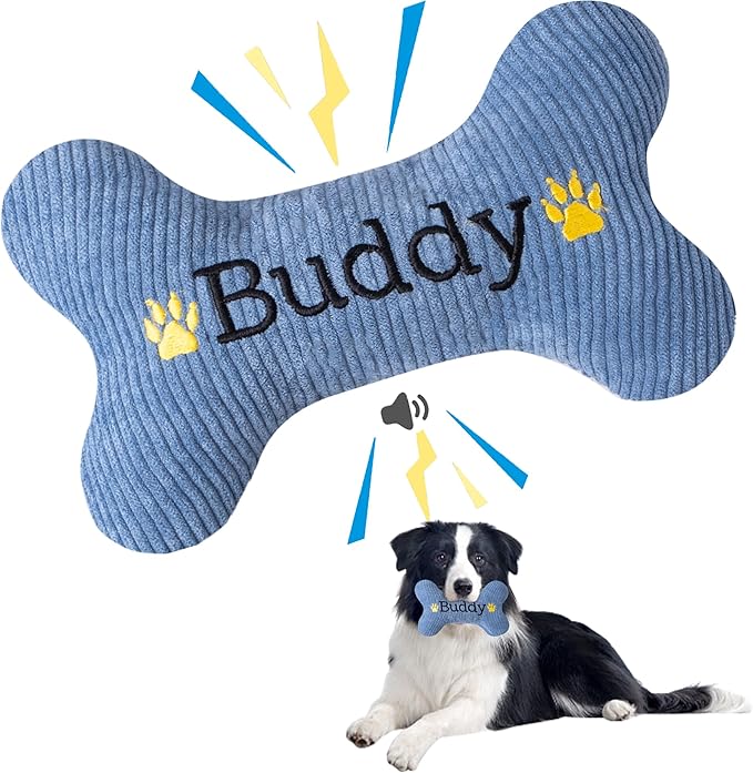 2026 Squeaky Dog Toys, Embroidered Bone Shape Blue Corduroy Pet Pillow 8"x5" with Black "Buddy" Text Cute Soft Cotton Filled Dog Chew Puzzle Toy Birthday Holiday Fun Gifts for Small Medium Large Dogs
