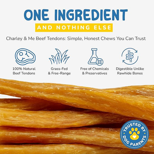 CHARLEY & ME Beef Tendons for Dogs, 100% Natural Beef Puppy Treats, Long-Lasting Dog Chew Toy for Aggressive Chewers - Nutritious Joint Support for Dogs - 6 Inches (Pack of 10)
