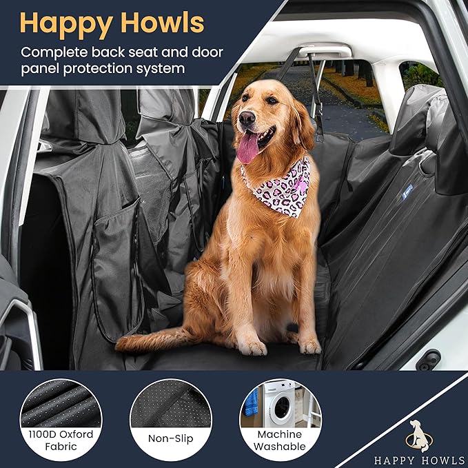 Happy Howls Dog Car Seat Cover - Waterproof Back Seat Cover for Dogs - Headrest & Door Panel Protector - 1100D Fabric with Mesh Window, Zippered Side Flaps, Non-Slip Bottom - 55x67, Universal Fit