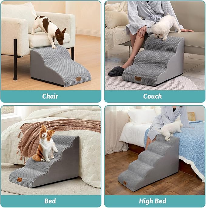 Wide Dog Stairs for Small Dog 15.7" H, Pet Step for Puppy, Older Cat, Curved Ramp for Couch, Durable Anti-Slip Ladder with High Density Foam, 3 Step, 17.7x22.4x15.7 inch, Grey