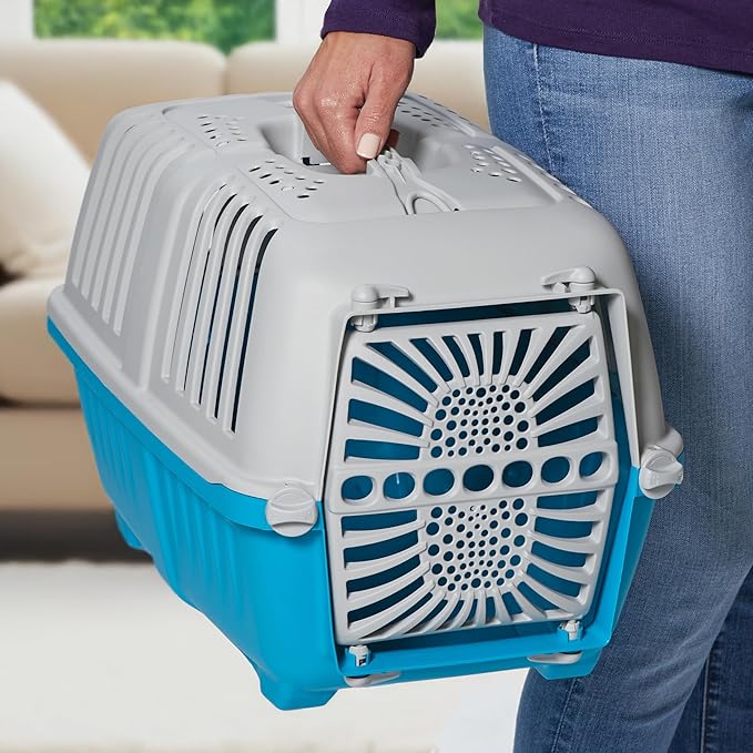 MidWest Homes for Pets Spree Travel Carrier - Hard-Sided Dog & Cat Carrier, Small Pet Travel Crate with Handle, Ventilated Design, Durable Plastic Door, Easy Assembly, 19-Inch, Blue
