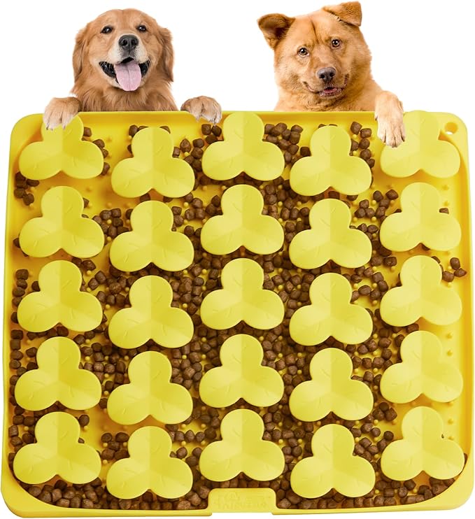 Puzzle Feeder Snuffle Mat for Dogs, Lick Mat to Slow Down Eating, Puzzle Toys for Large and Medium Breed Dogs, Silicone Bowls for Dry, Wet, Raw Food, Yellow