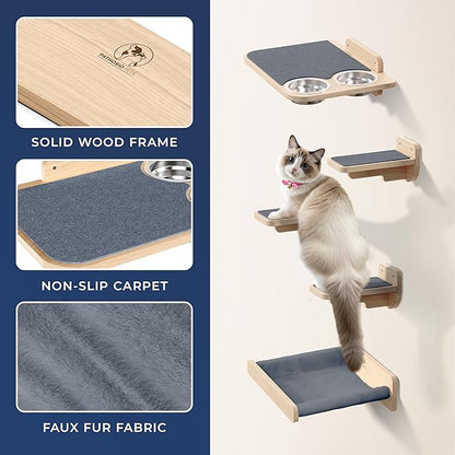 Space-Saving Cat Wall Shelves – Interactive Cat Wall Climber with Hammock & Dog Proof Feeding Station for Small & Medium Indoor Breeds – Solid Natural Wood with Gray Carpet