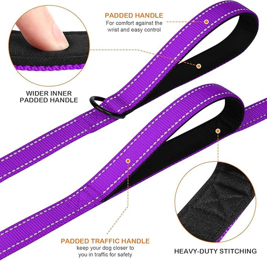 Joytale Dog Leash Heavy Duty for Large Dogs that Pull, Double Handle for Traffic Control, Double-Sided Reflective Leashes for Large Medium Dogs Night Safety, 5FT, Purple