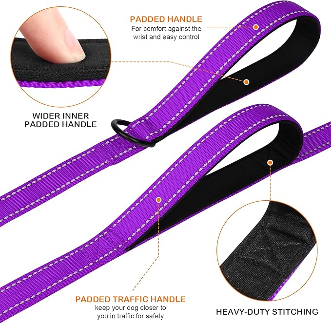 Joytale Dog Leash Heavy Duty for Large Dogs that Pull, Double Handle for Traffic Control, Double-Sided Reflective Leashes for Large Medium Dogs Night Safety, 4FT, Purple