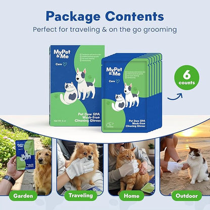 My Pet & Me Pet Glove Wipes for Dogs & Cats, No-Rinse Instant Bath Cleaning Gloves, Soap-Free Grooming Mitts, Individually Wrapped for Travel, Olive & Jojoba Oils, 6 Count