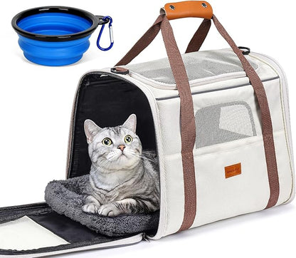 Morpilot Pet Travel Carrier Bag, Soft-Sided Dog Carrier Cat Carrier Pet Carrier, for Large Cats and Medium Puppies up to 25lbs, with Locking Safety Zippers, Foldable Bowl (Beige)