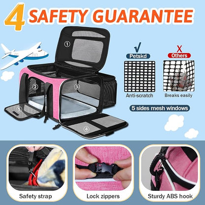 Petskd Top and Side Expandable Pet Carrier 18x11x11 Inches Delta United Airline Approved, Soft-Sided Carrier for Small Cats and Dogs with Locking Safety Zippers and Anti-Scratch Mesh(Pink)