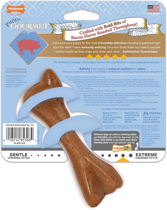 Nylabone Gourmet Style Femur Bone Strong Chew Toy for Puppies, Soothing Puppy Teething Toys, Puppy Enrichment, Bacon Flavor, Small Dogs - Up to 25 Ibs, 1 Count