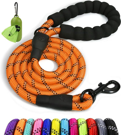 Taglory Rope Dog Leash 4 FT with Comfortable Padded Handle, Highly Reflective Threads Leash and Anti-Tangle Clip for Walking Medium Large Dogs, 1/2 inch, Orange