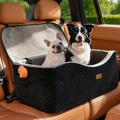 Dog Car Seat for Large Dogs up to 60 lbs or 2 Small Dogs with 4" Memory Foam, Back Seat Medium Pet Booster Seat with Triple Safety Belts, Adjustable Leashes, Detachable/Washable (Black/Gray, Large)