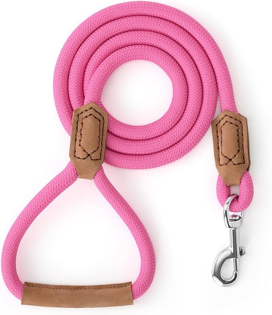Mile High Life Leather Dog Leash, Heavy Duty Strong Genuine Leather Handle Rope Leash Soft and Comfortable for Small Medium Large Dogs (Hot Pink, 48 Inch)