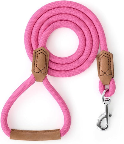 Mile High Life Leather Dog Leash, Heavy Duty Strong Genuine Leather Handle Rope Leash Soft and Comfortable for Small Medium Large Dogs (Hot Pink, 72 Inch)