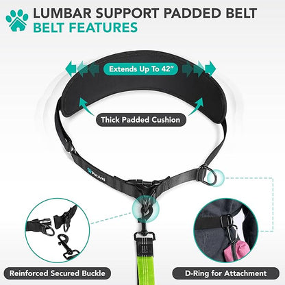 PetAmi Heavy Duty Hands Free Dog Leash, Adjustable Waist Belt for Large Dog Walking Up to 125 lbs, Bungee Leash for Pet Running, Hiking, Reflective Safety for Jogging, Biking, Green Handle