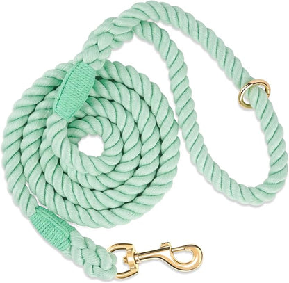 Dog Leash 5 FT Handmade Braided Cotton Rope Leashes for Small Medium and Large Dogs, New Golden Heavy Duty Metal Clasp, Light Green