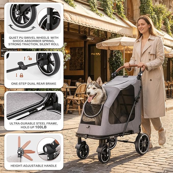 MoNiBloom Large Pet Stroller with Anti-Slip Ramp, Heavy Duty Dog Stroller Up to 99lb, Safe & Gentle Mobility Aid, All-Terrain Wheels, Idea for Injured, Disabled, & Senior Dog