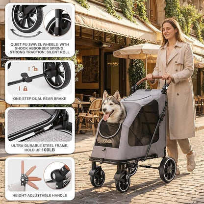 MoNiBloom Large Pet Stroller with Anti-Slip Ramp, Heavy Duty Dog Stroller Up to 99lb, Safe & Gentle Mobility Aid, All-Terrain Wheels, Idea for Injured, Disabled, & Senior Dog
