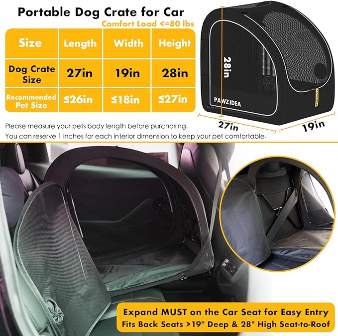 PAWZIDEA Portable Dog Crate for Car Travel, Collapsible Pet Travel Crates for Medium & Large Dogs, Enclosed Soft-Sided Car Kennel Carrier for Backseat, Secures w/Seatbelt & Headrest Strap, Chew-Proof