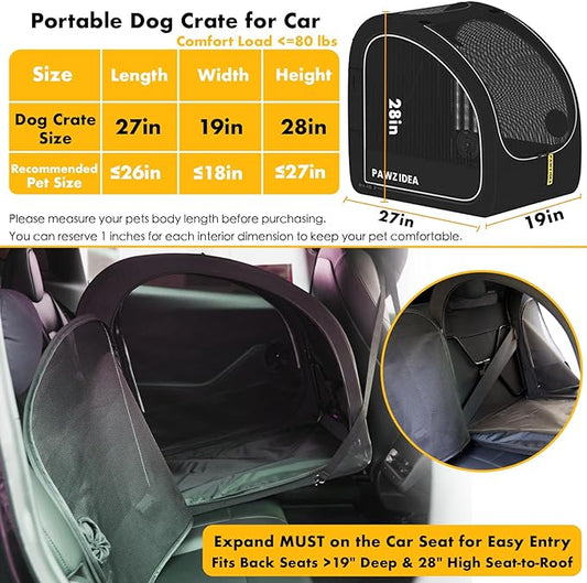 PAWZIDEA Portable Dog Crate for Car Travel, Collapsible Pet Travel Crates for Medium & Large Dogs, Enclosed Soft-Sided Car Kennel Carrier for Backseat, Secures w/Seatbelt & Headrest Strap, Chew-Proof